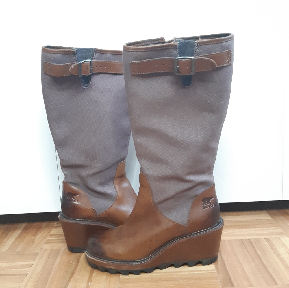 Sorel wedge boots leather & canva brown size 6